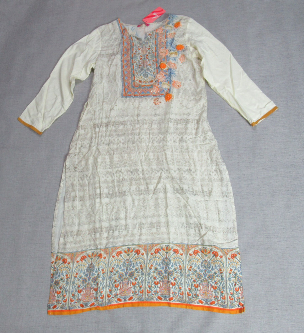 Liva Dress Women Large Beige Geometric Long Sleeve Beaded 2 Slits Ethnic NWT